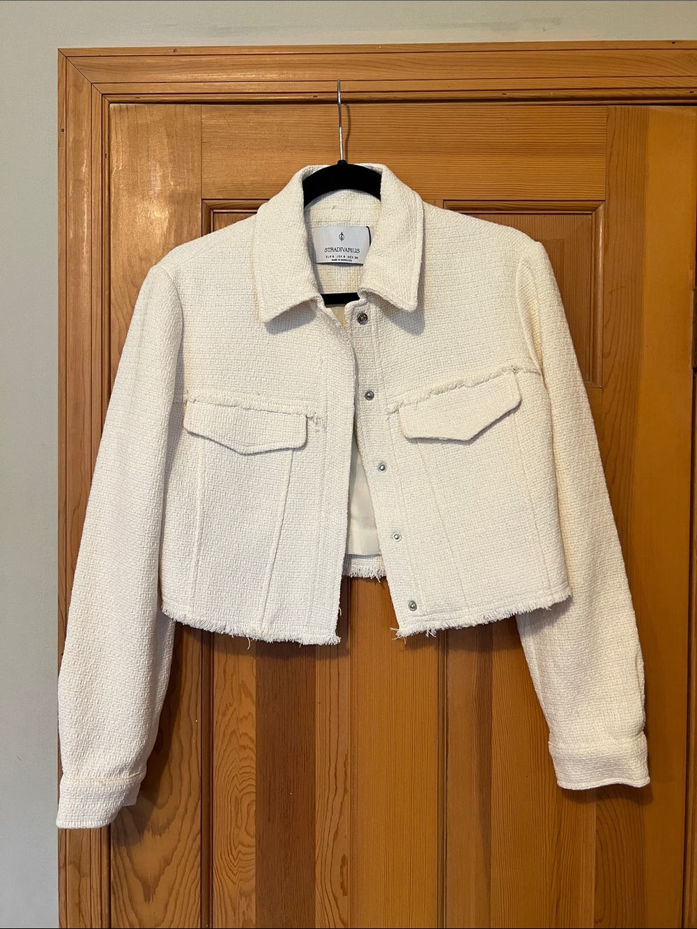 stradivarius Cream Cropped Bouclé Jean Jacket